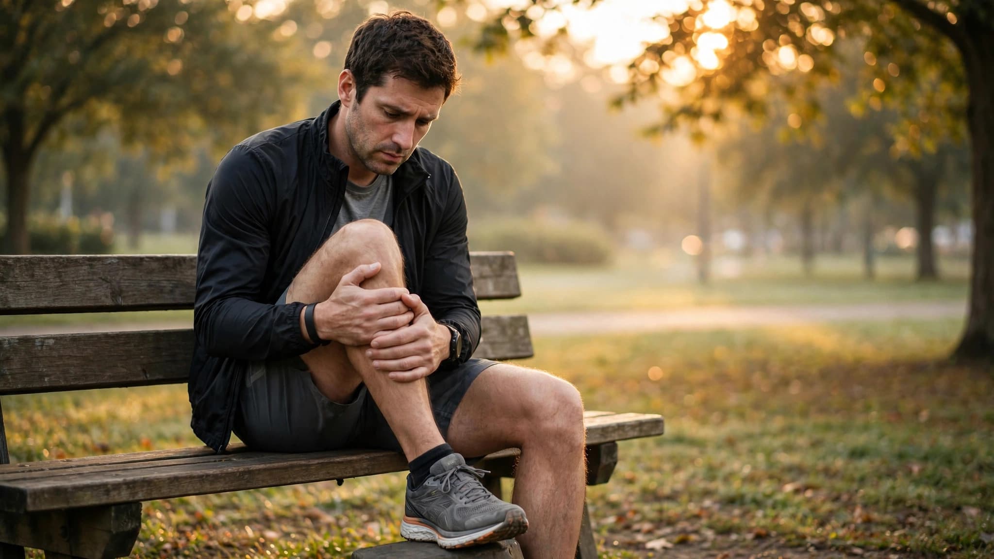 Runner sitting on a park bench holding their knee after a run