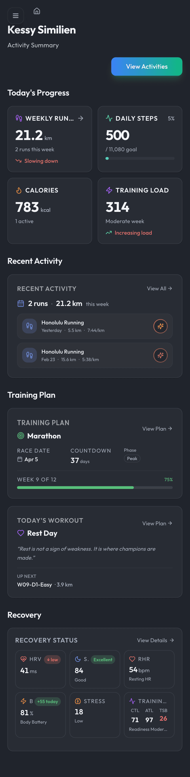 Coach Icarus mobile dashboard showing recovery and training guidance