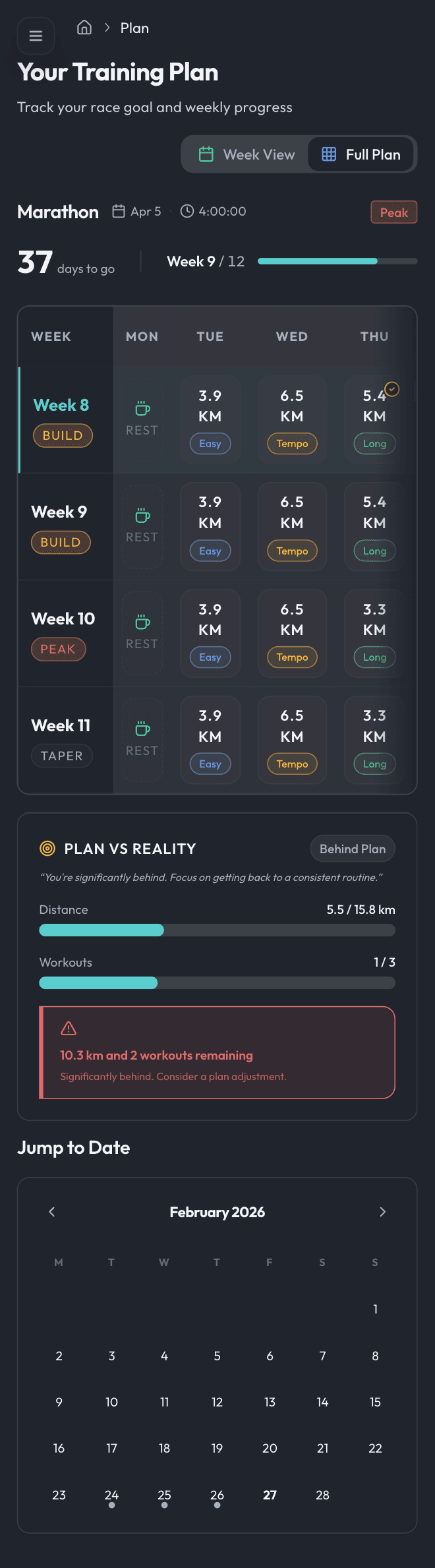 Adaptive race training plan in the Coach Icarus mobile app