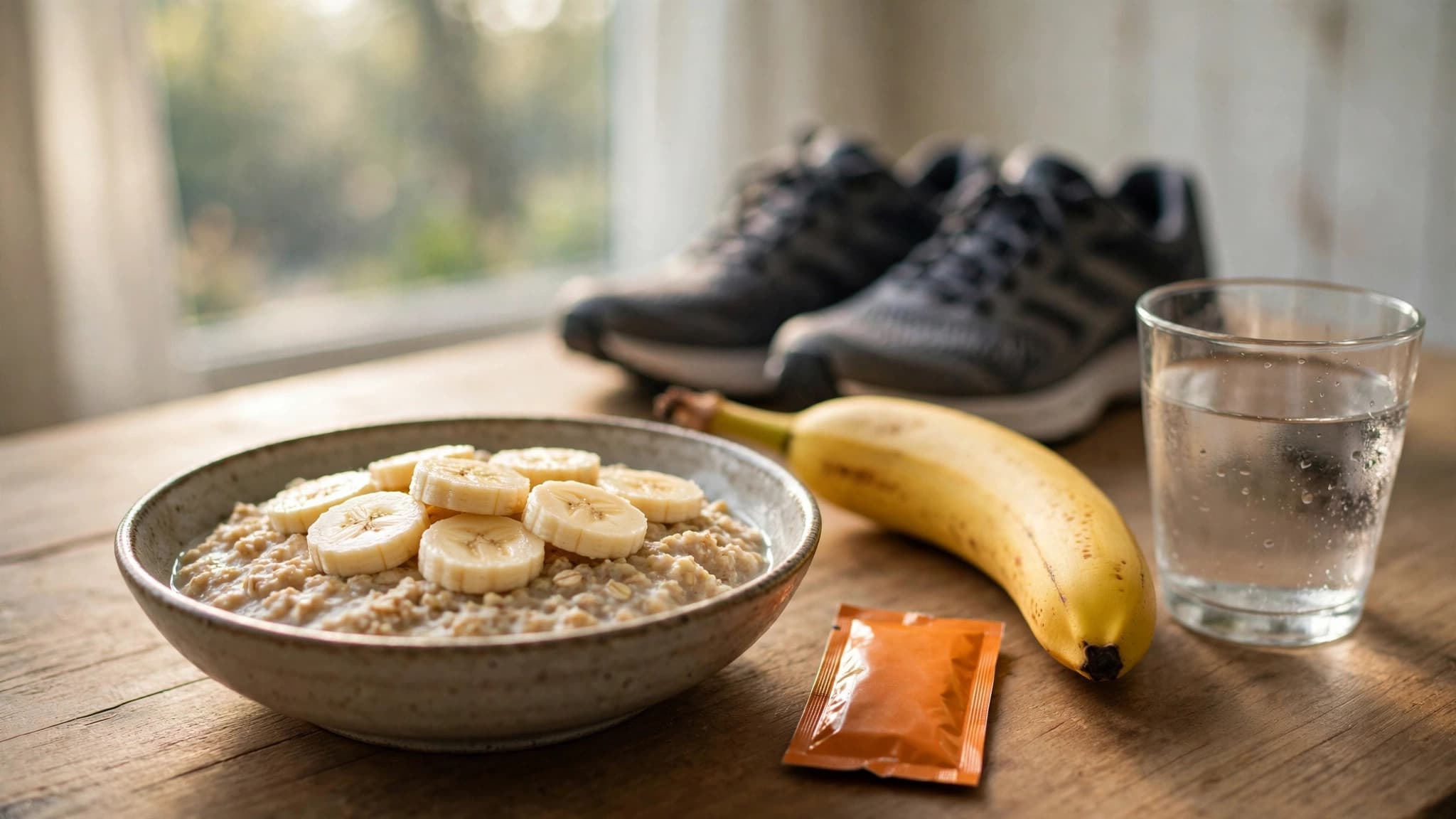 Runner's pre-run breakfast: oatmeal with banana, energy gel, and water