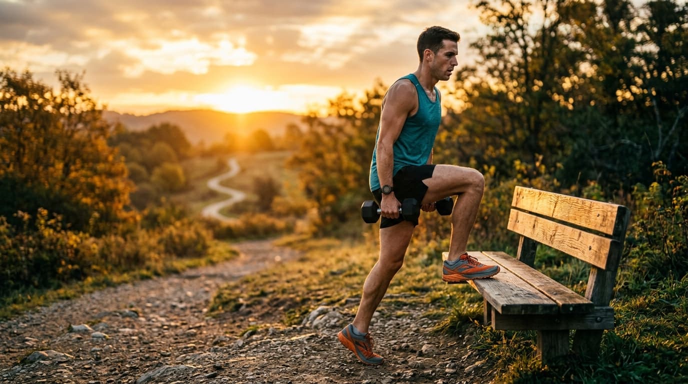 Runner doing dumbbell step-ups outdoors at sunrise