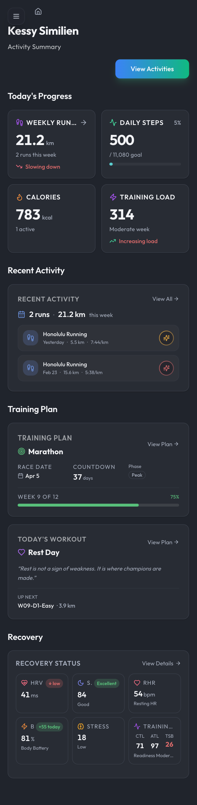 Coach Icarus mobile dashboard showing recovery and training guidance