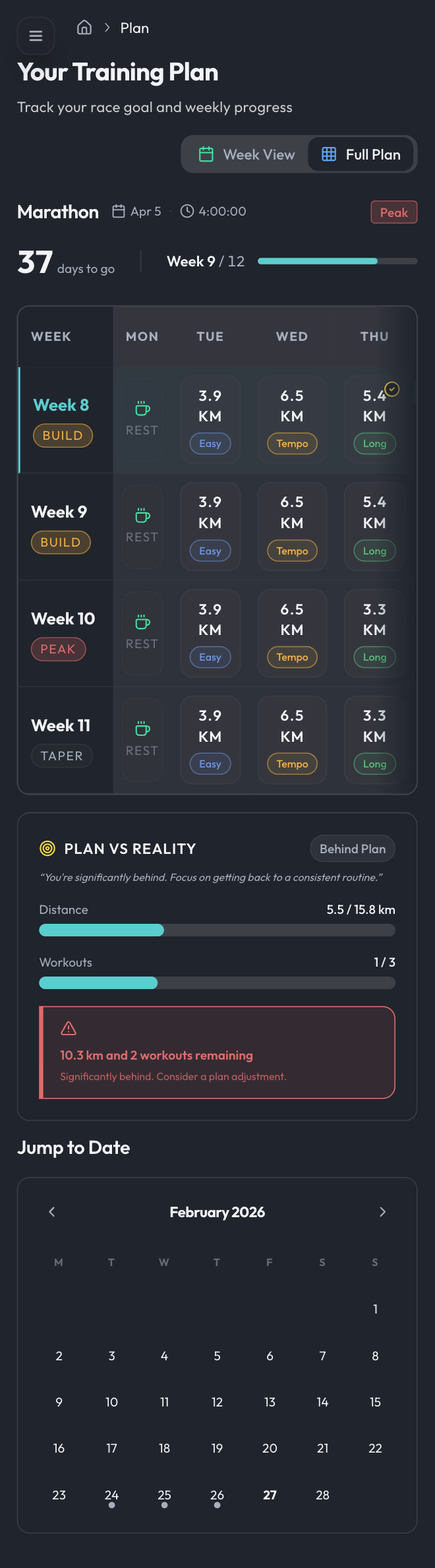 Adaptive race training plan in the Coach Icarus mobile app