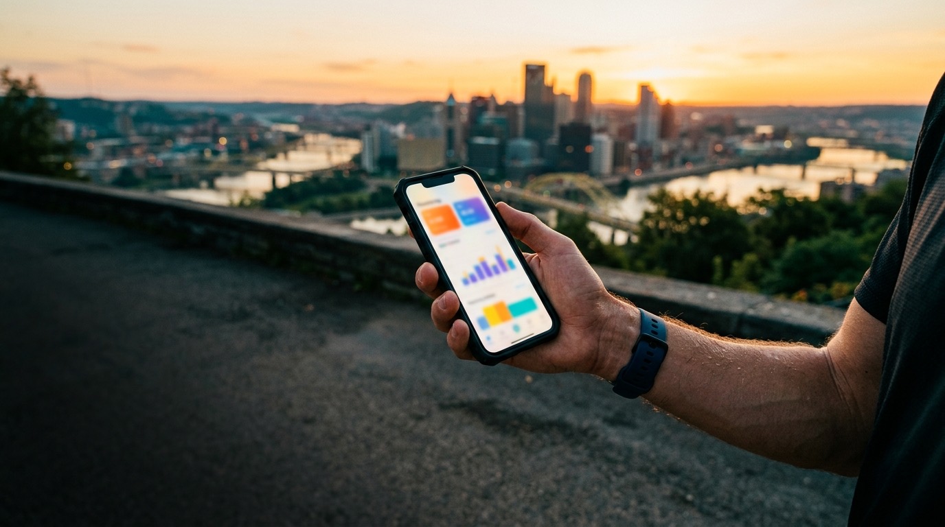 Runner holding a phone showing a training plan at sunrise