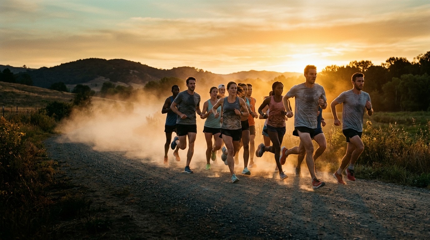 Pack of marathon runners at golden hour