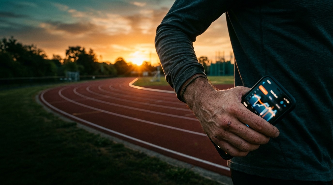 Runner holding a phone showing pace on a track at sunrise
